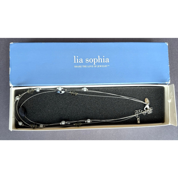 Lia Sophia Necklace Gray Faux Pearl Silver Tone Wire Beaded Floating w/ Box 15" - Picture 8 of 8